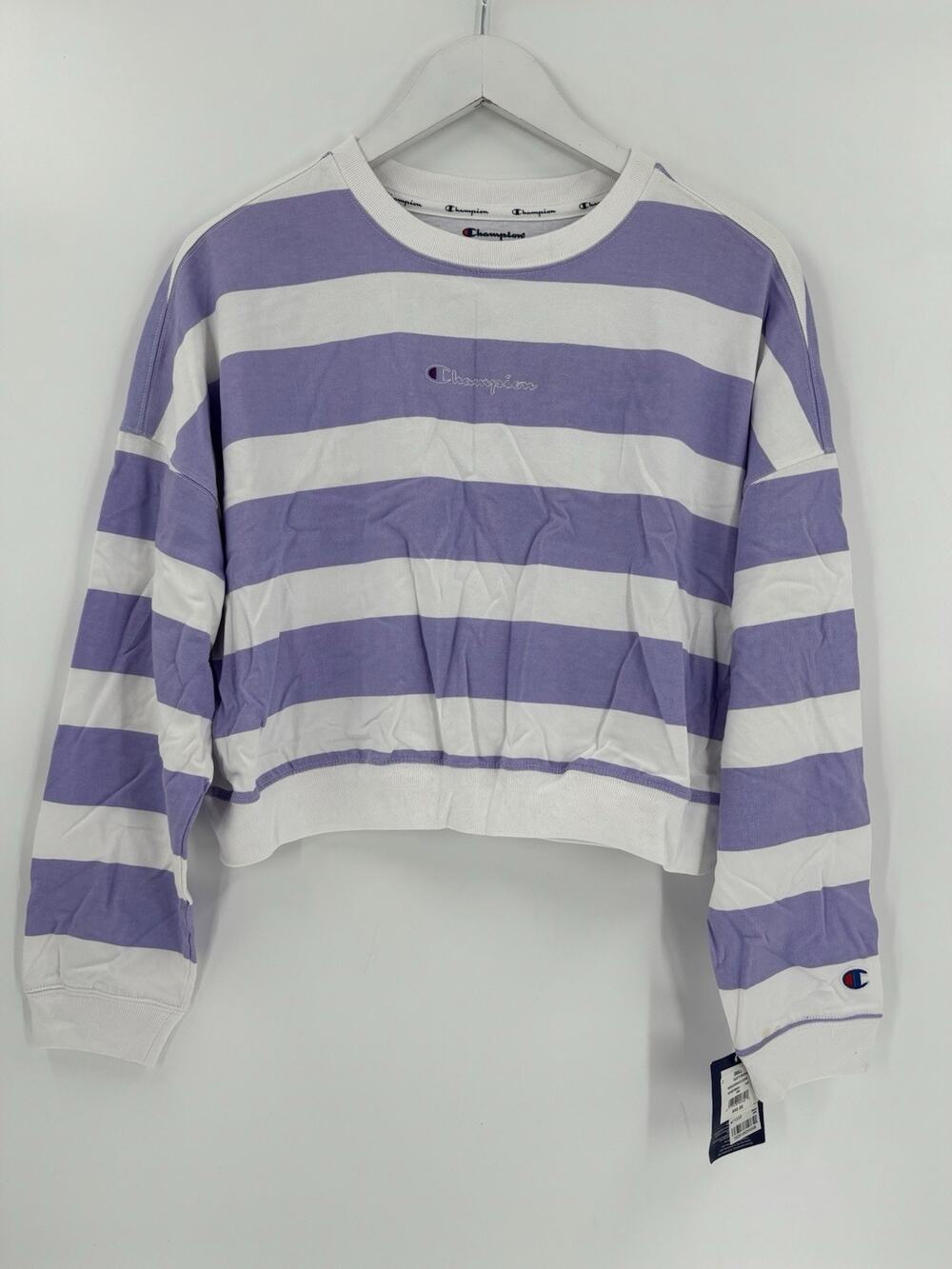 New with Flaw Champion Shirt Womens Small Purple White Stripe Oversized Crewneck